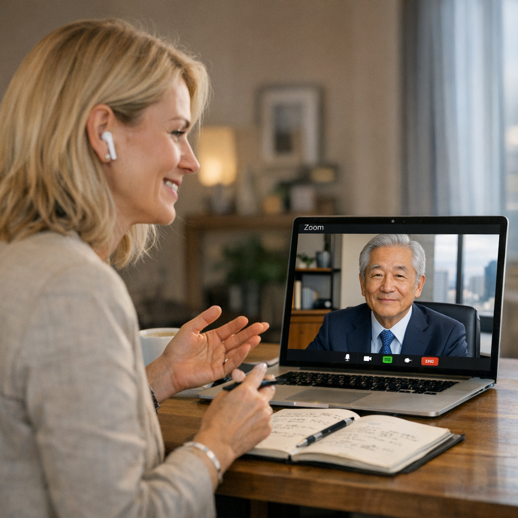 45 year old scandinavian executive coach on a zoom session with a Japanese 60 year old CEO-1 45 year old scandinavian executive coach on a zoom session with a Japanese 60 year old CEO-1
