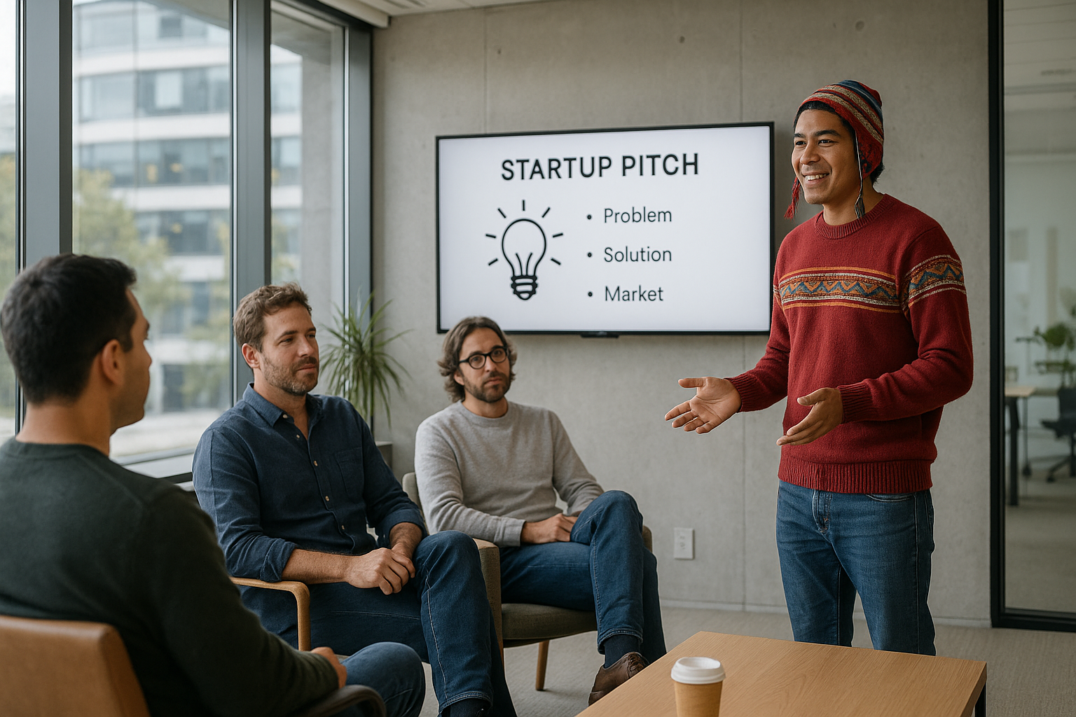 A startup founder from Peru is pitching casually dressed venture capitalists in a modern Silicon Valley office-1 A startup founder from Peru is pitching casually dressed venture capitalists in a modern Silicon Valley office-1