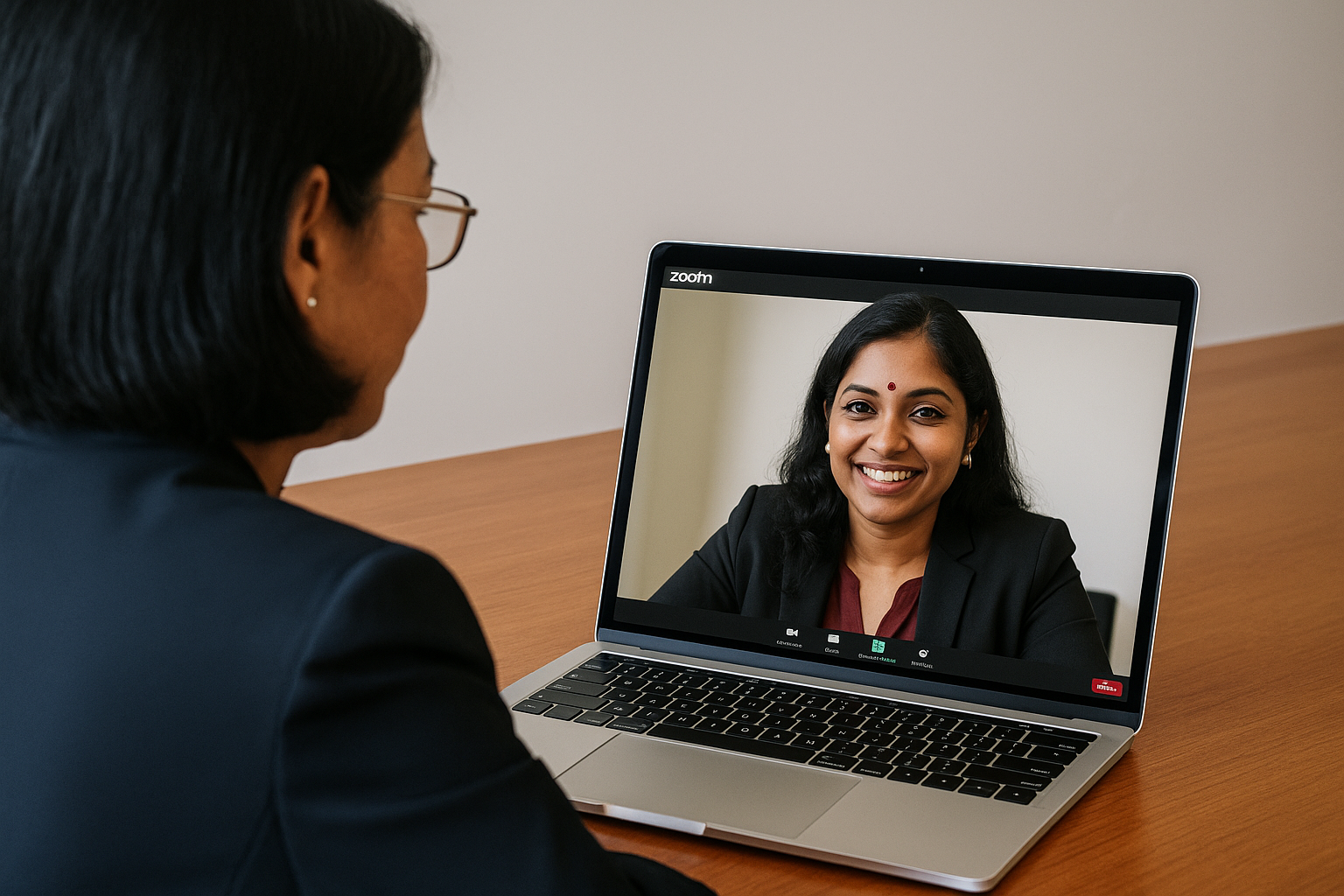 Create a photograph looking over the shoulder of a Singaporean Executive Coach looking at a Tamil Client with a red Bindi doing a coaching session through a Zoom meeting-1 Create a photograph looking over the shoulder of a Singaporean Executive Coach looking at a Tamil Client with a red Bindi doing a coaching session through a Zoom meeting-1