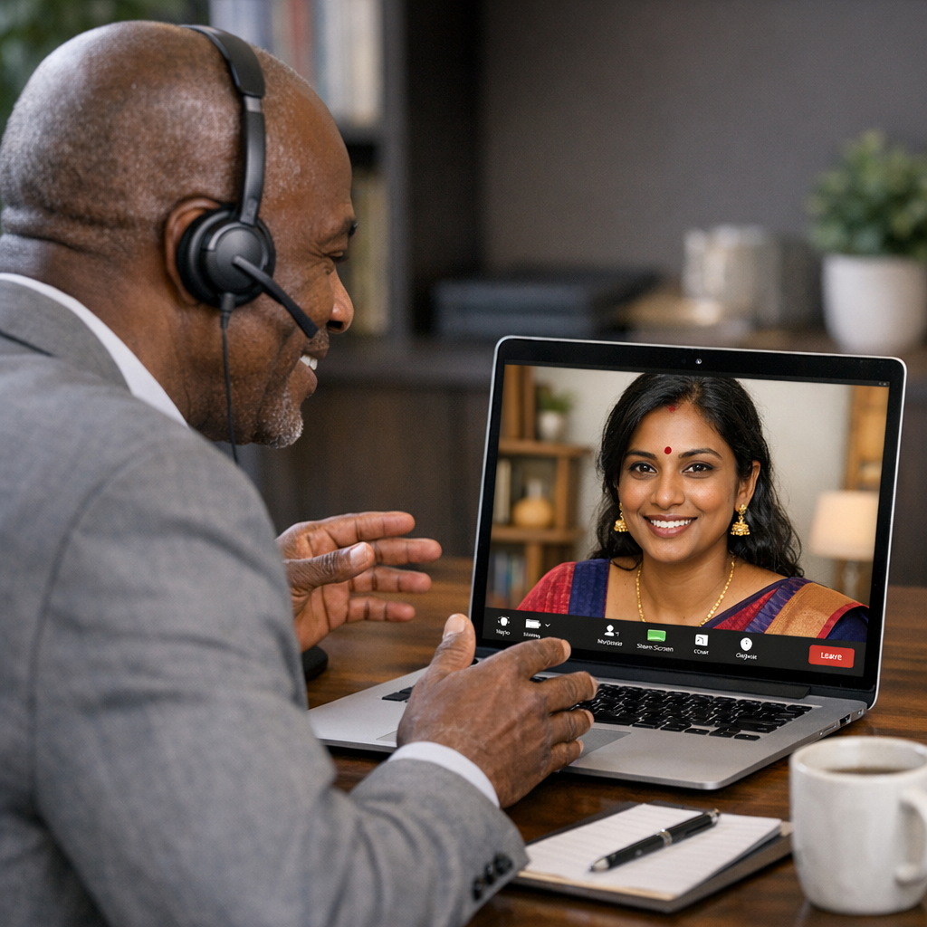 Zimbabwe 50 year old executive coach in a Zoom session with a dark skinned Chennai Tamil Woman wearing a red bindi 35 years old Zimbabwe 50 year old executive coach in a Zoom session with a dark skinned Chennai Tamil Woman wearing a red bindi 35 years old