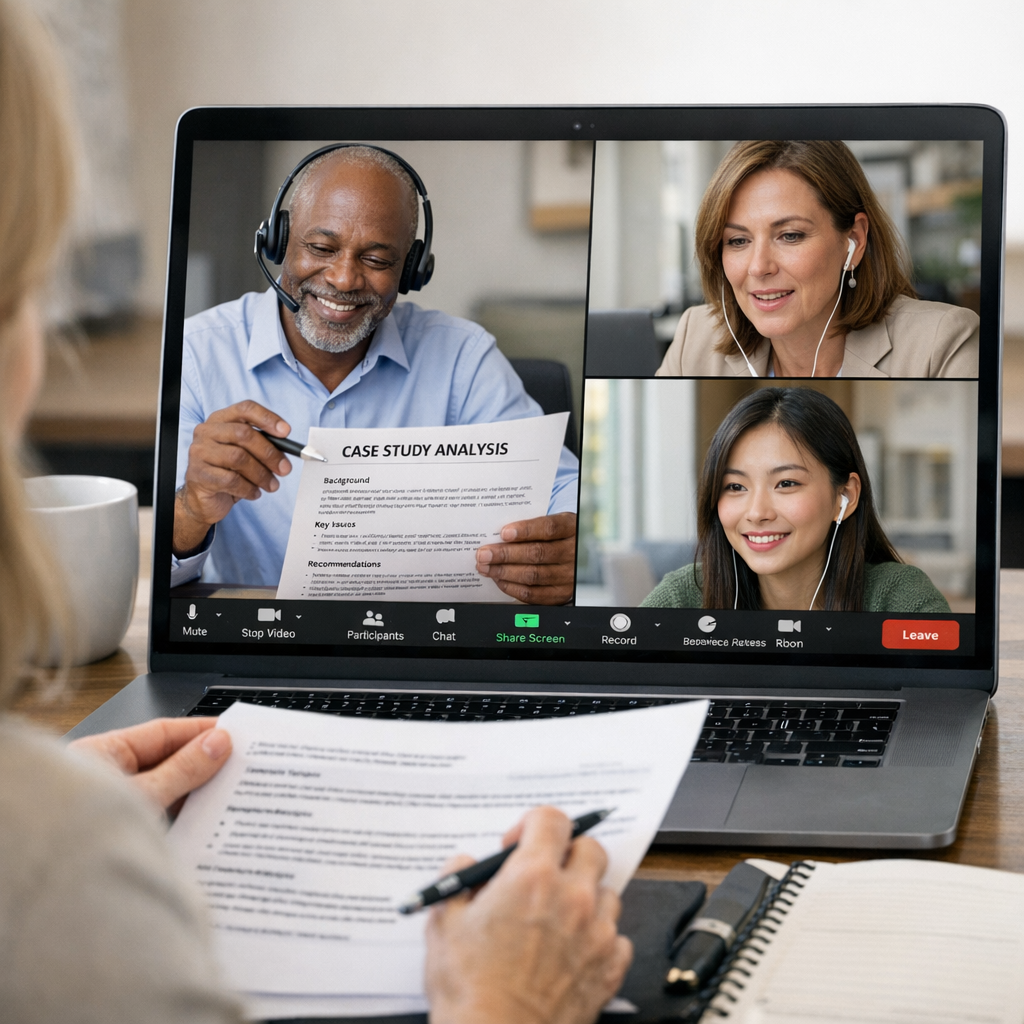 Create a highly professional photograph of a 45 year old woman studying a case study in an online Zoom breakout session with a 56 year old Jamaican ma Create a highly professional photograph of a 45 year old woman studying a case study in an online Zoom breakout session with a 56 year old Jamaican ma