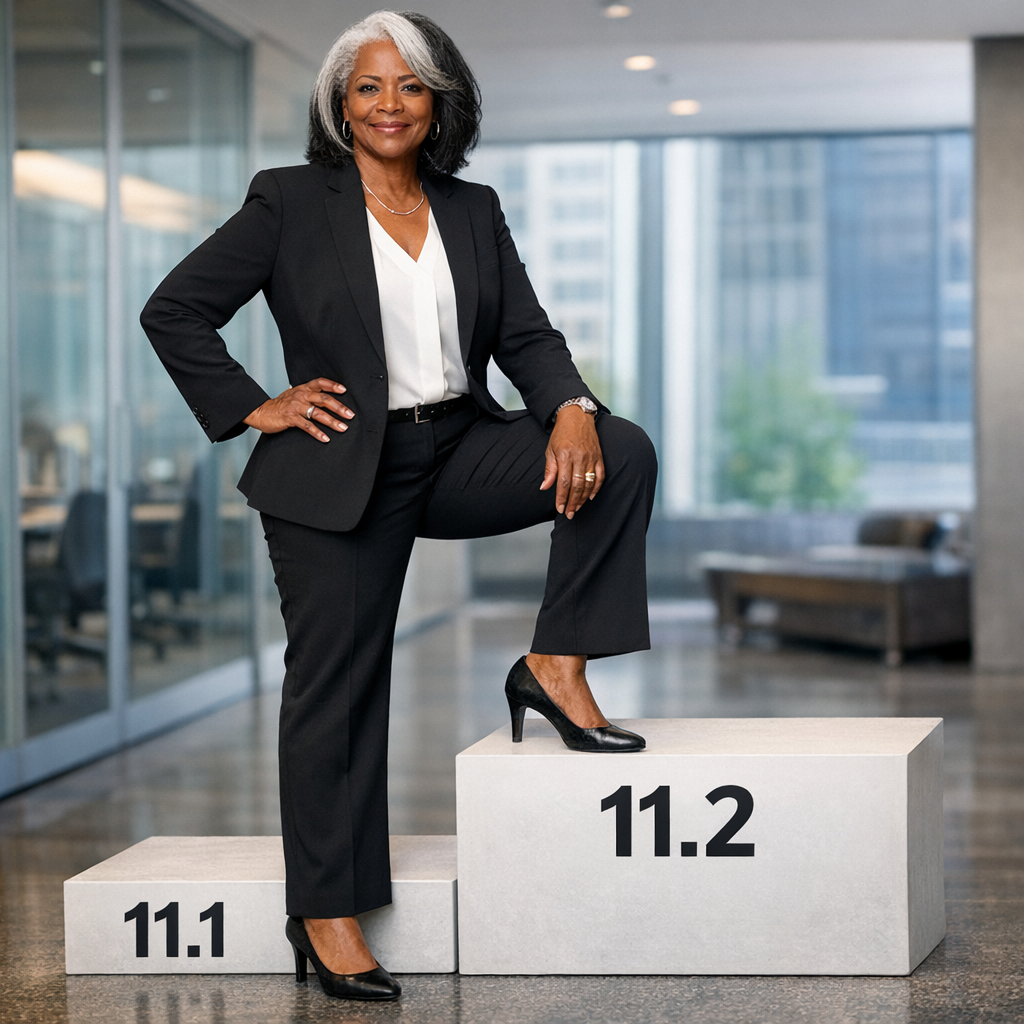 Create a photograph of a female Black and whitehaired CEO age 59 with two steps one on a step labeled 111 and her other foot on a step labeled 112 Ma-1 Create a photograph of a female Black and whitehaired CEO age 59 with two steps one on a step labeled 111 and her other foot on a step labeled 112 Ma-1