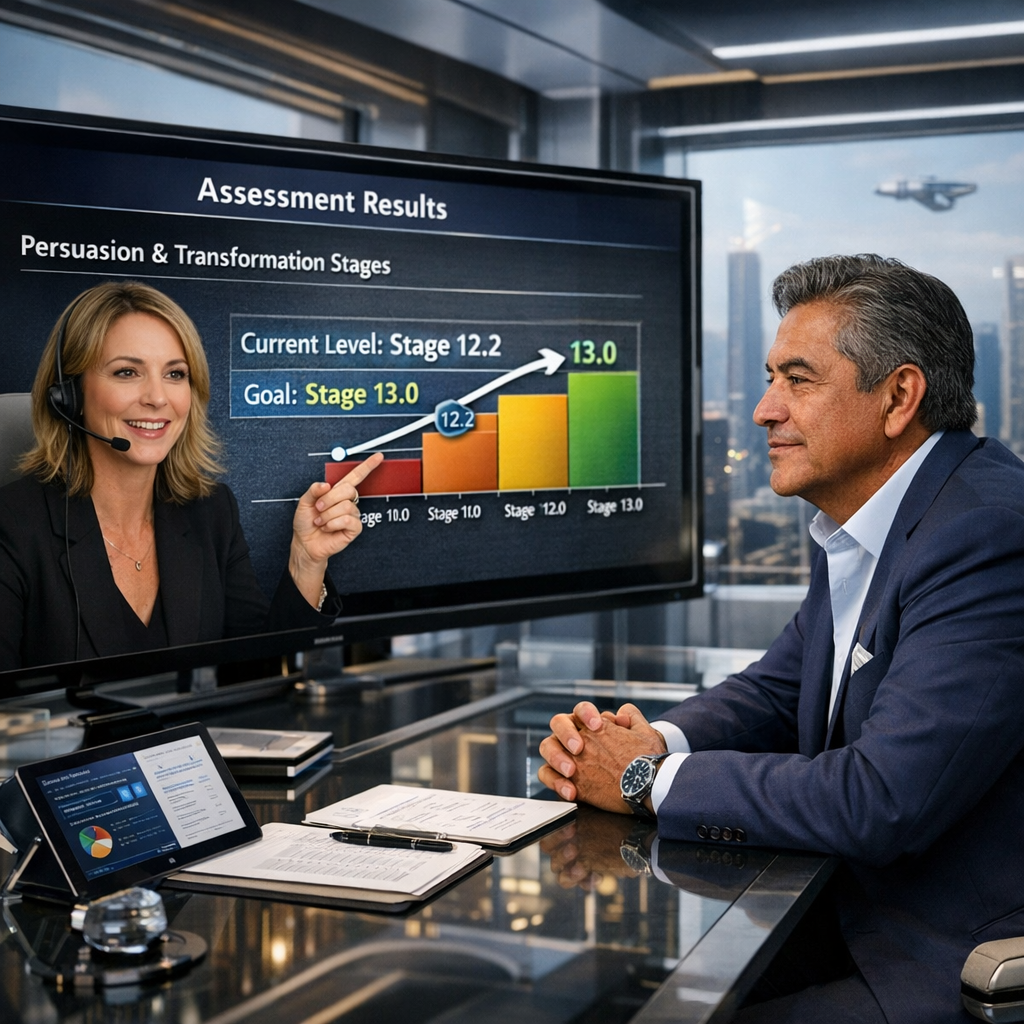 Create a photograph of a futuristic workplace with a 57 year old male CEO from Mexico and a remote executive coach female who is showing sophisticated Create a photograph of a futuristic workplace with a 57 year old male CEO from Mexico and a remote executive coach female who is showing sophisticated