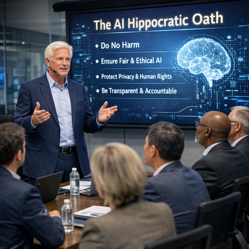 Show a photograph of a senior 58 year old white haired executive coach speaking with a room of global multinational leaders in a high tech environment Show a photograph of a senior 58 year old white haired executive coach speaking with a room of global multinational leaders in a high tech environment