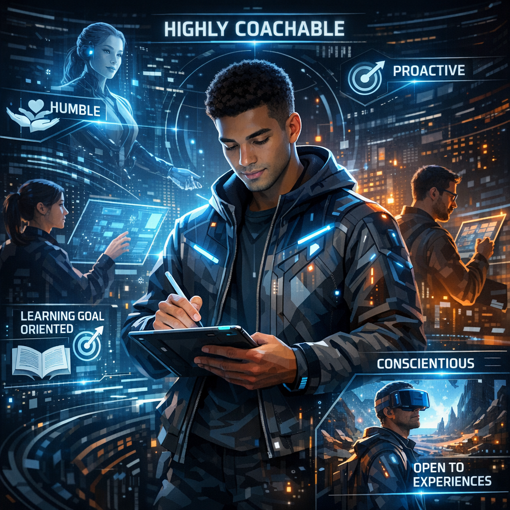 Futuristic AI Landscape with Humble Proactive Figures